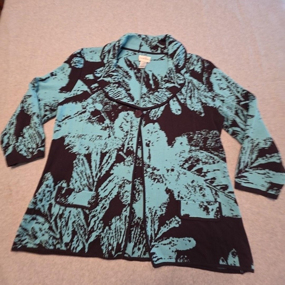 Chicos Cardigan Sweater Womens 2 Blue Silk Cotton Floral Print Pockets Collared